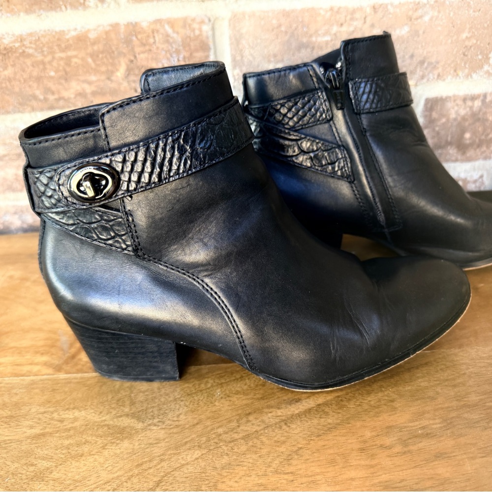 Coach Black Leather Ankle Booties with Textured Strap